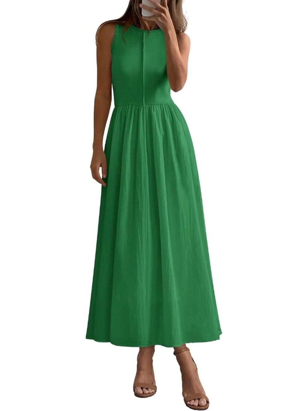 🆕 Women's Green Sleeveless Tank Maxi Dress Casual Flowy Patchwork Sundress